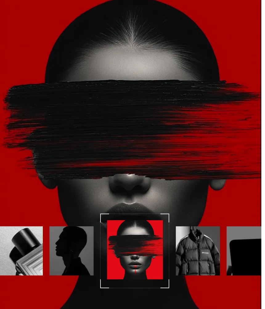 Black and white portrait of woman with black paint obscuring eyes on a red background.