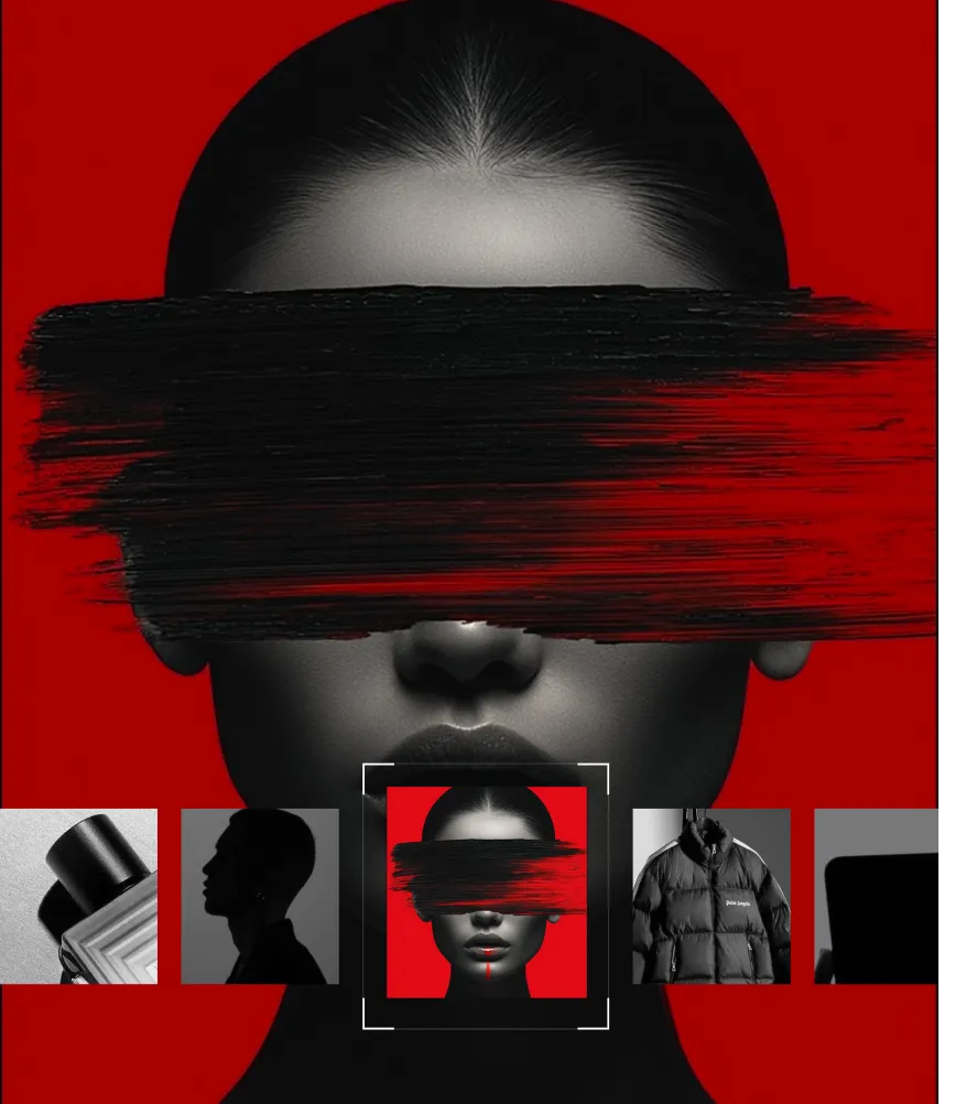 Monochrome face with hair slicked back on red background, black brush stroke obscures eyes and lips.