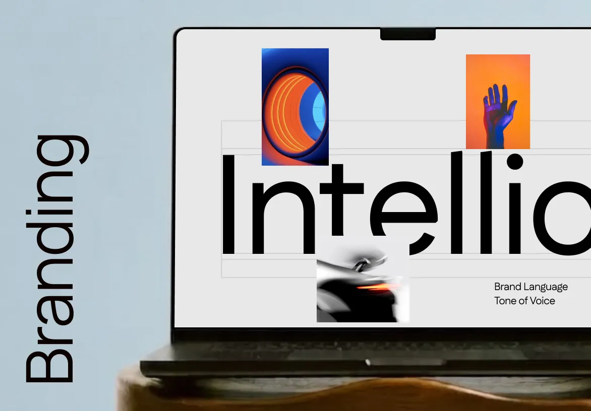 Laptop screen showing partial word Intellio with images and text Branding, Brand Language, Tone of Voice.