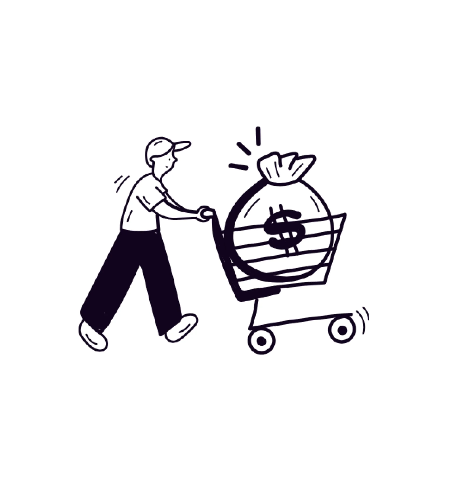 Person pushing a shopping cart holding a large money bag with a dollar sign.