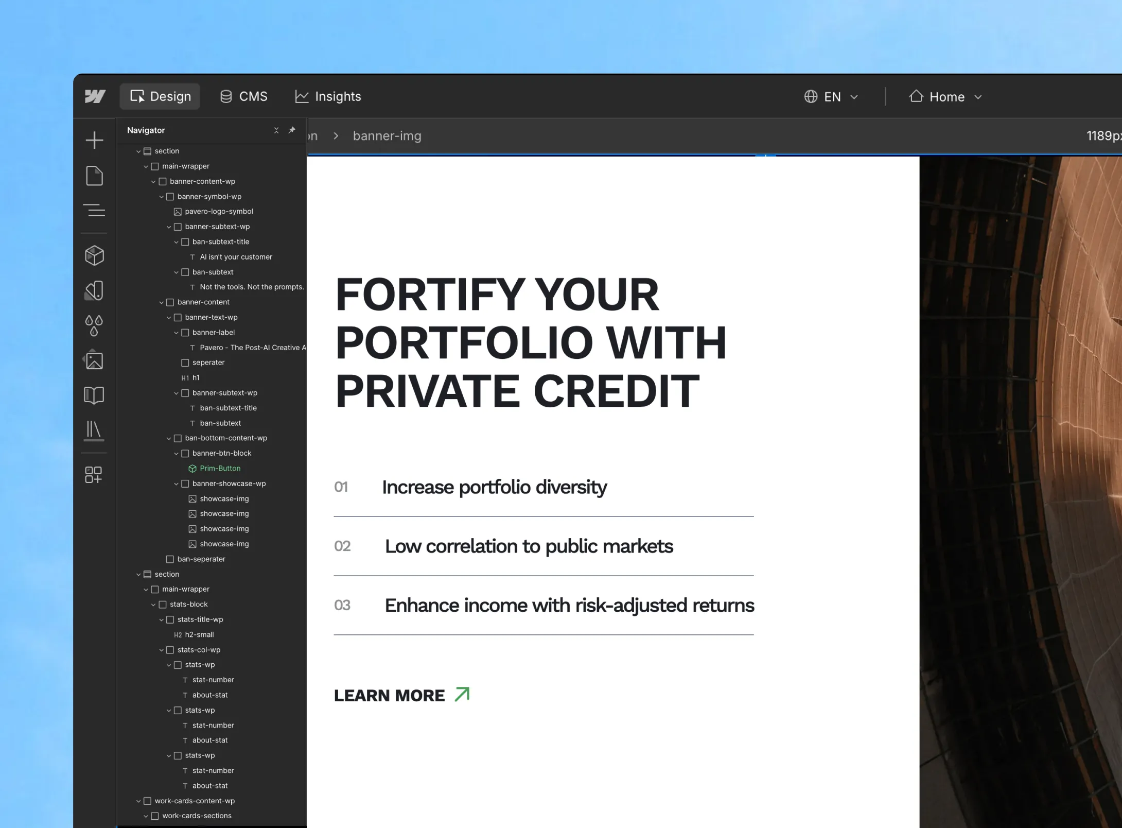 Website design editor showing text about fortifying portfolios with private credit benefits and a Learn More link.