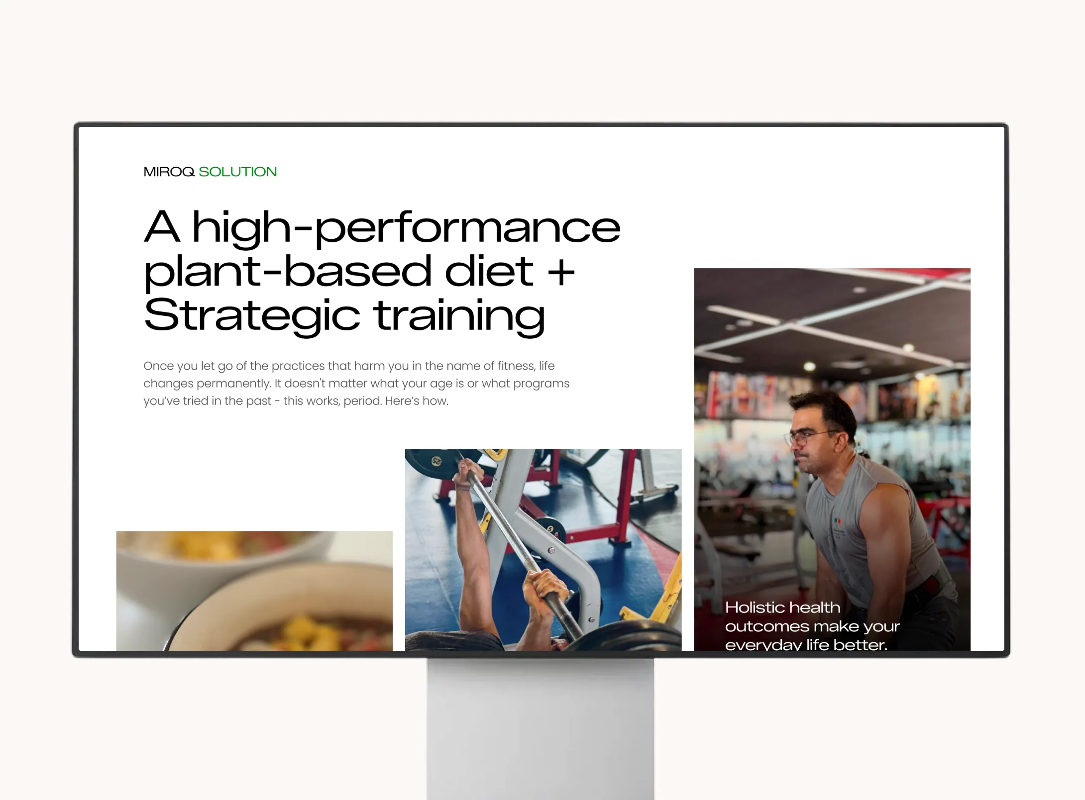 Website display showing text about a plant-based diet and two workout images in a gym setting.