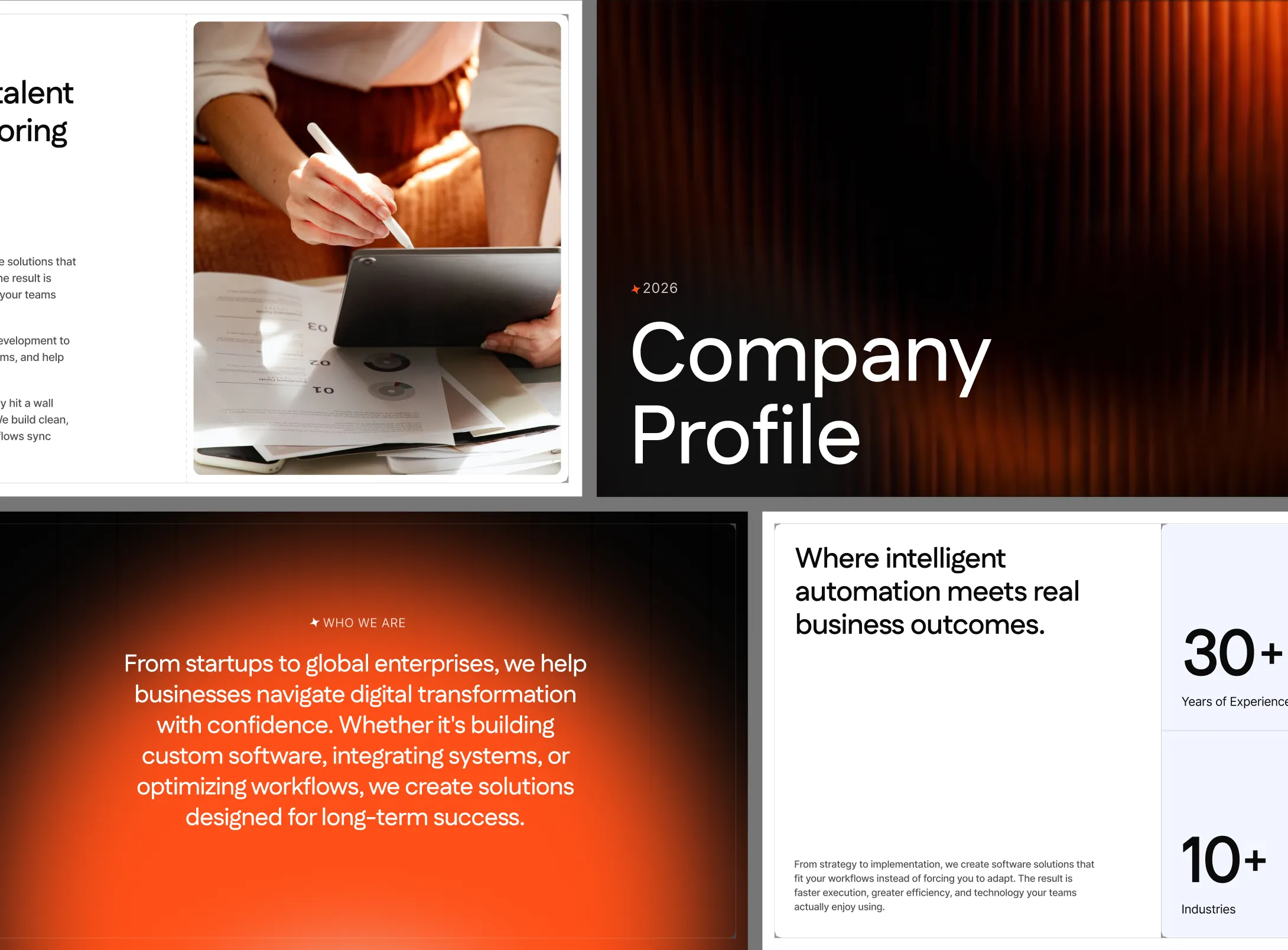 Businesswoman using a tablet with papers, company profile text featuring digital transformation and experience stats.