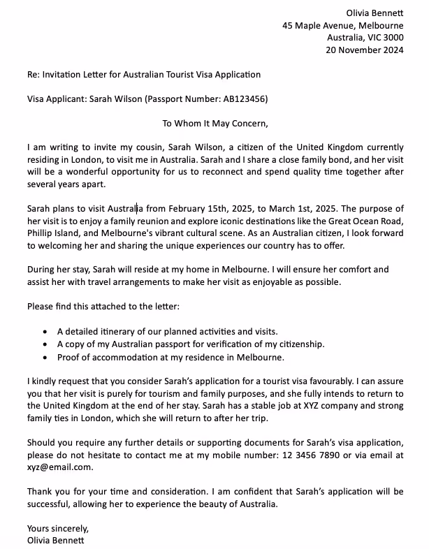 Sample Invitation Letter for Tourist Visa to Australia