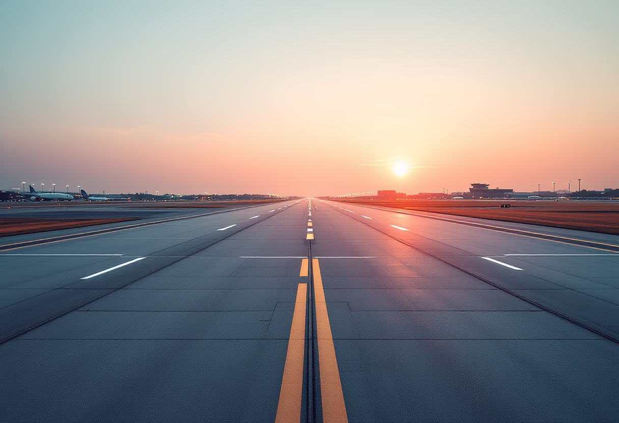 [background image] sunset over an airport runway for an aviation service.