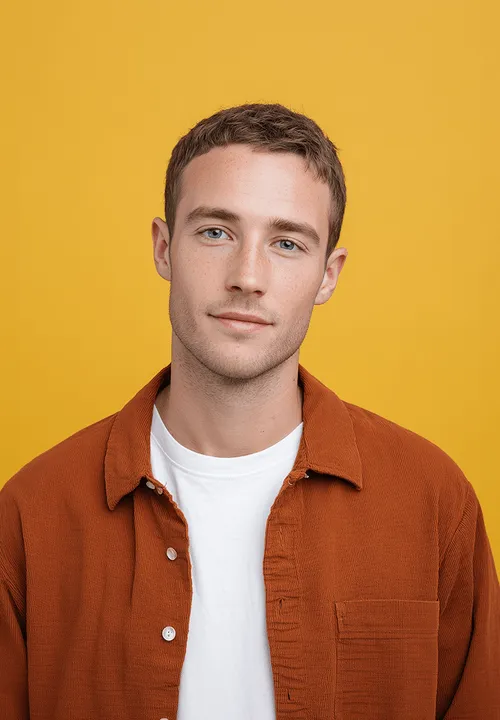 A casually dressed man smiling, reflecting an approachable candidate and a positive hiring experience.