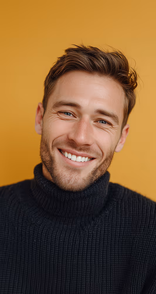 A casually dressed man smiling, reflecting an approachable candidate and a positive hiring experience.