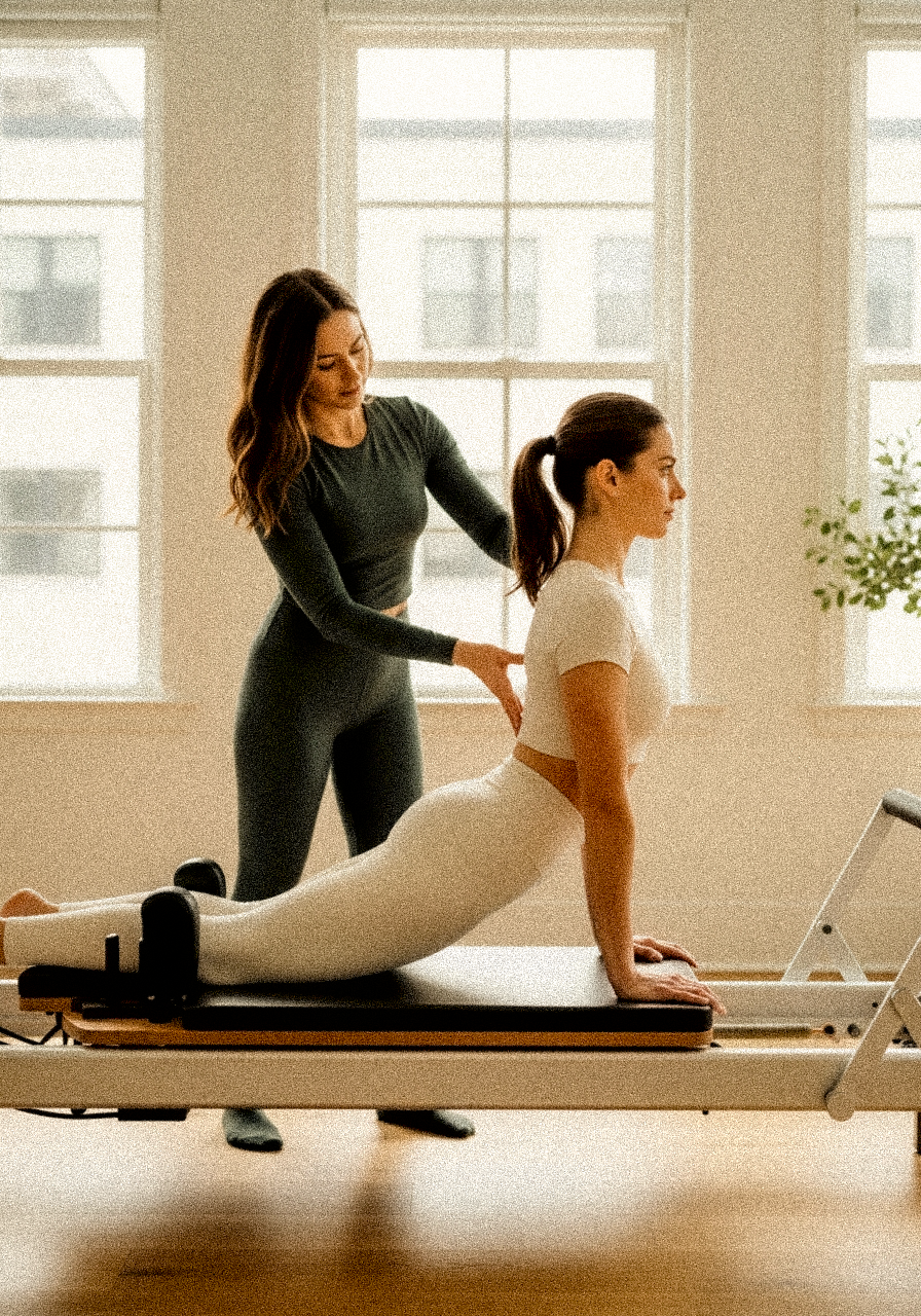 Pilates instructor guides a woman doing a backbend on a reformer machine in bright studio.