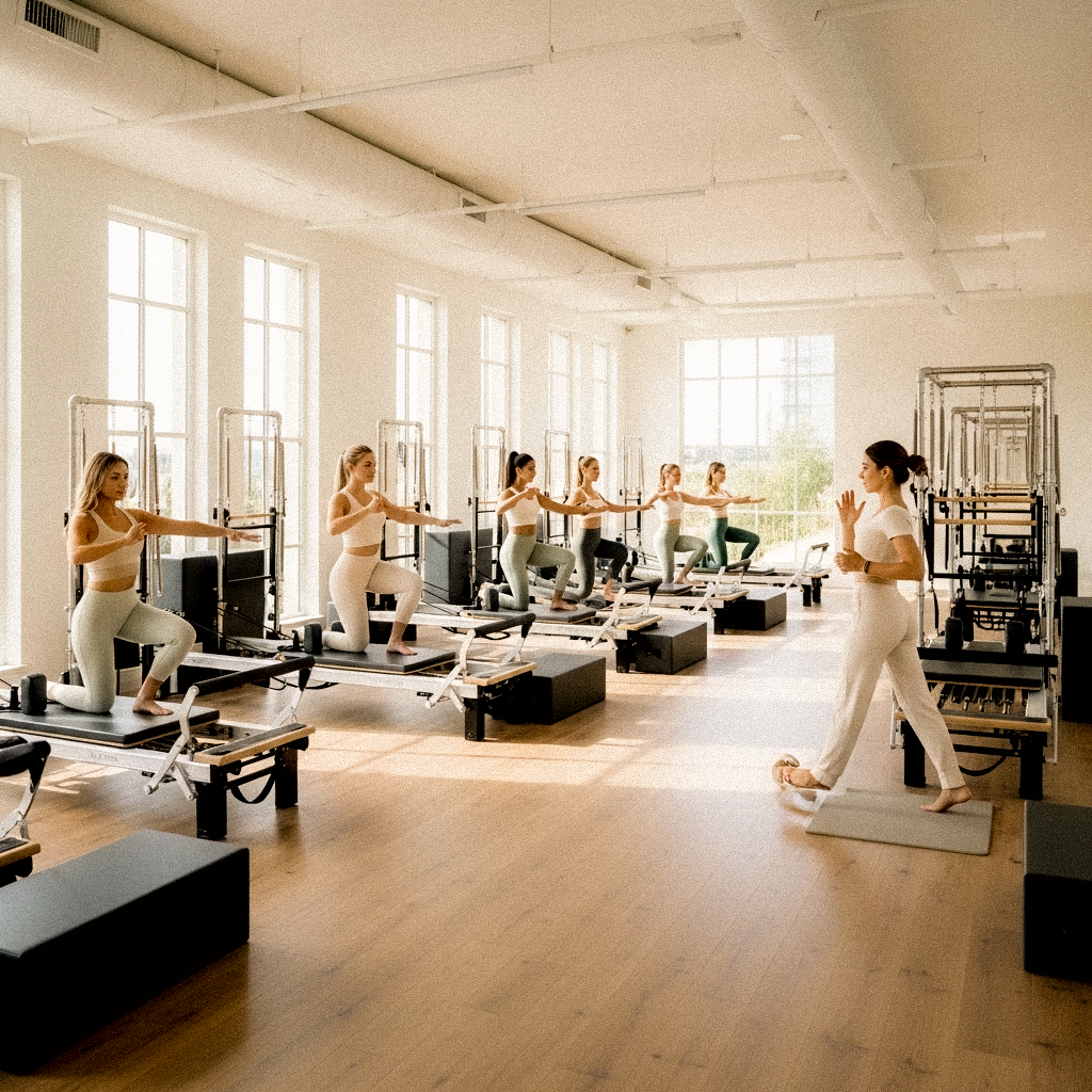 Women exercising on Pilates reformer machines in a bright studio with instructor guiding the class.
