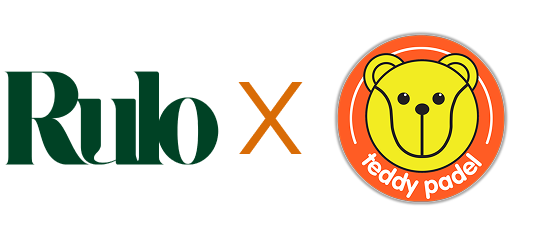 Rulo brand name next to an orange circle logo with a yellow teddy bear face and text teddy padel.
