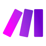 Drei schräge, farbverlaufende Rechtecke in Pink und Violett auf schwarzem Hintergrund. Logo von Make