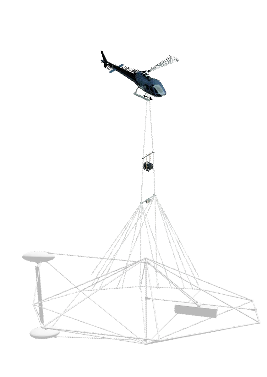 Blue helicopter lifting a large white geometric metal structure with cables against a black background.
