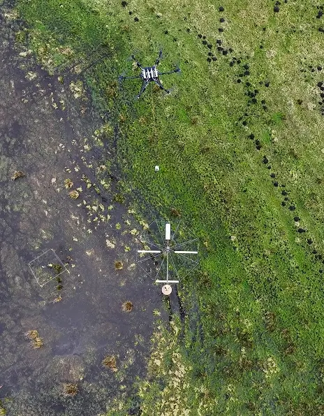 Aerial view of a drone-borne electromagnetic sensor over marshland