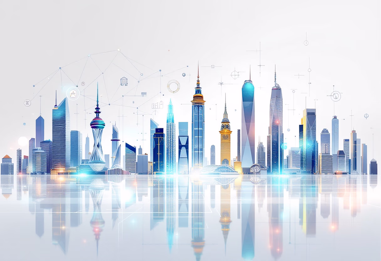 image of a cityscape with digital overlays (for a web development agency)