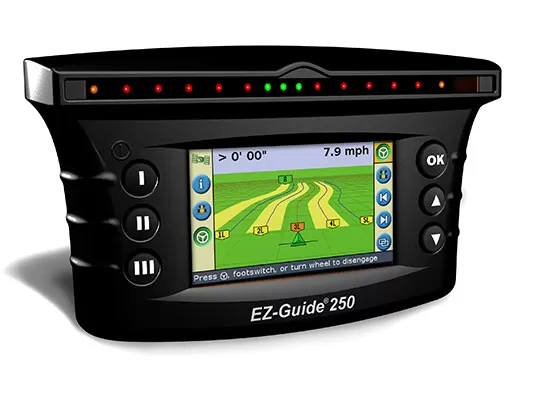 Екран на Trimble EZ-Guide 250 с показване на навигационна карта и светлини за ориентация.