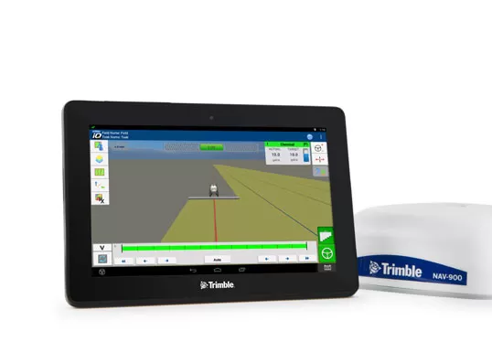 Таблетен монитор Trimble с навигационен интерфейс за селскостопанско управление до навигационно устройство Trimble NAV-900.