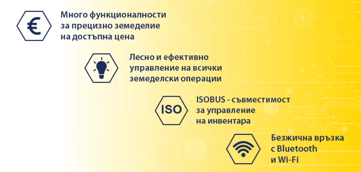 Икони с текст: Евро знак и надпис за много функционалности за прецизно земеделие на достъпна цена, крушка и текст за лесно и ефективно управление на всички земеделски операции, ISO знак с текст за ISOBUS съвместимост за управление на инвентара, и икона за безжична връзка с Bluetooth и Wi-Fi.
