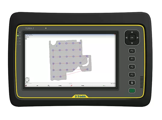 Ръчно устройство Trimble Yuma 2 с цветен екран, показващ карта с точки.