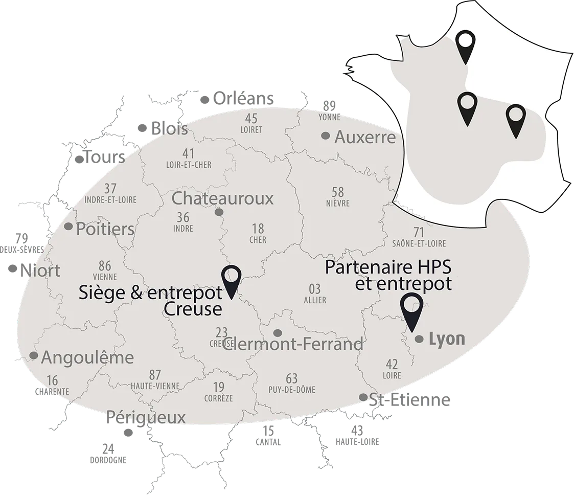 Une carte de la Creuse montrant la zone d'intervention de Sunstice