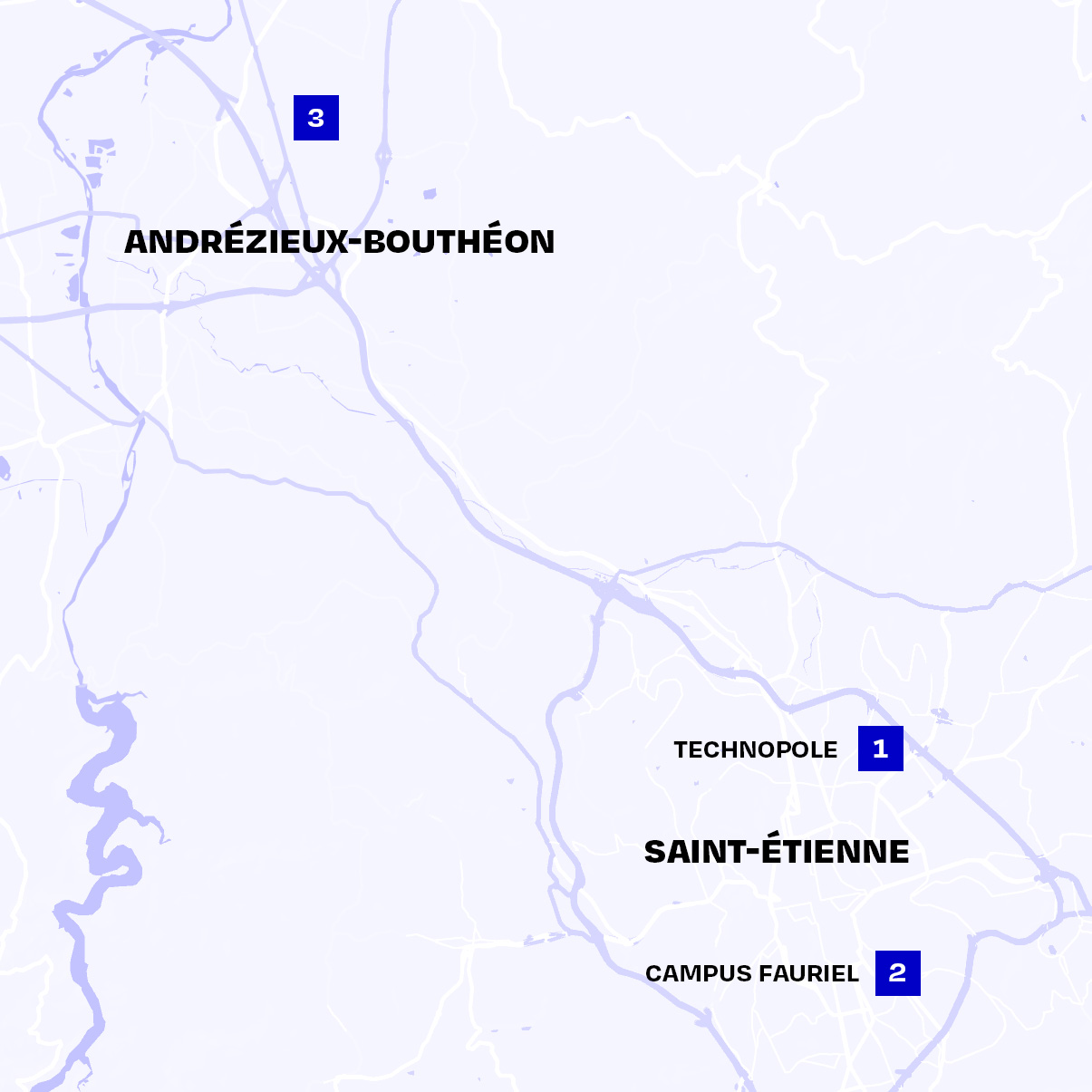 Map showing locations of Andrézieux-Bouthéon and Saint-Étienne with numbered blue markers 1, 2, and 3 on light purple roads.