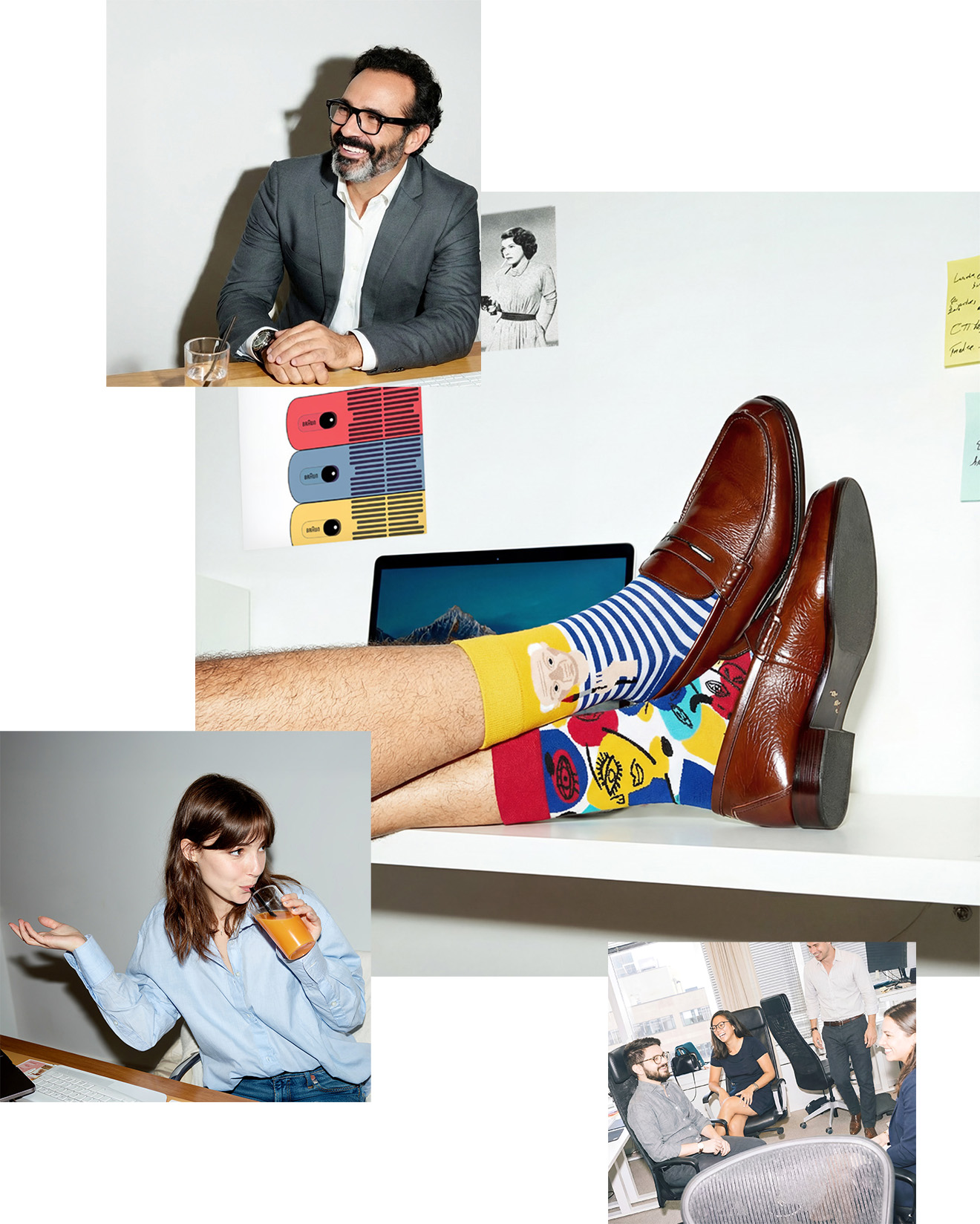 Collage showing a man in glasses smiling in a suit, a woman in a denim shirt drinking water at a desk, a close-up of legs with colorful socks and brown shoes resting on a desk with a laptop and color swatches, and a group of people laughing around a conference table with laptops.