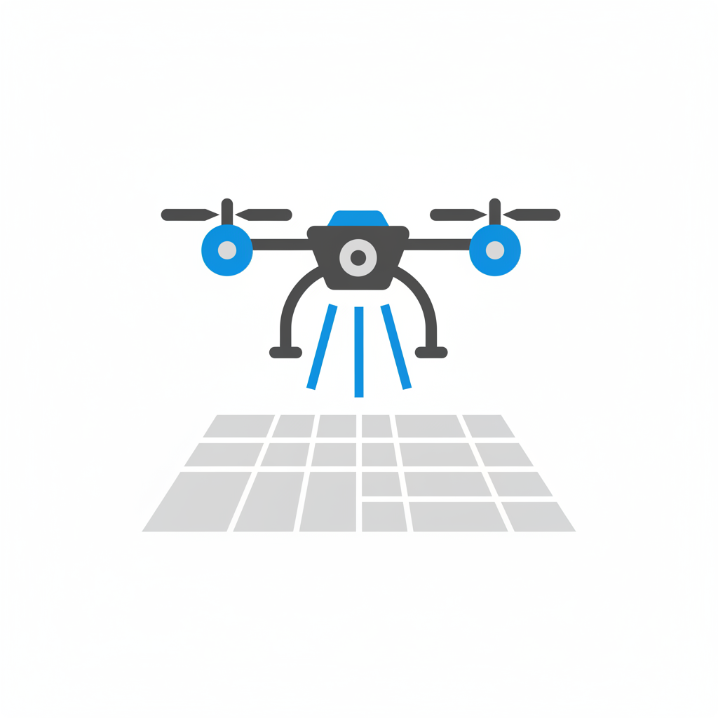 Graphic of a drone with blue propellers scanning a grid-like surface below.