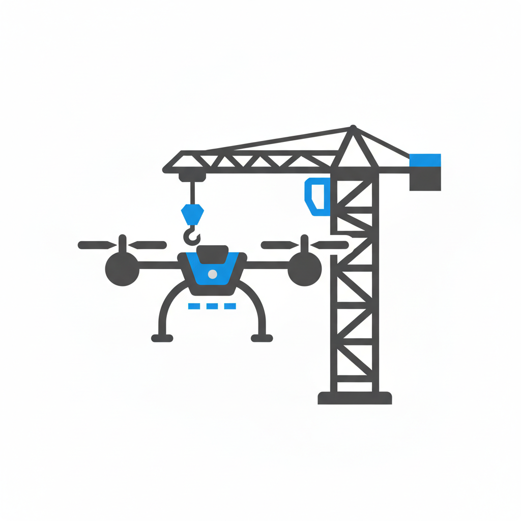 Illustration of a construction crane lifting a drone with blue and black accents.