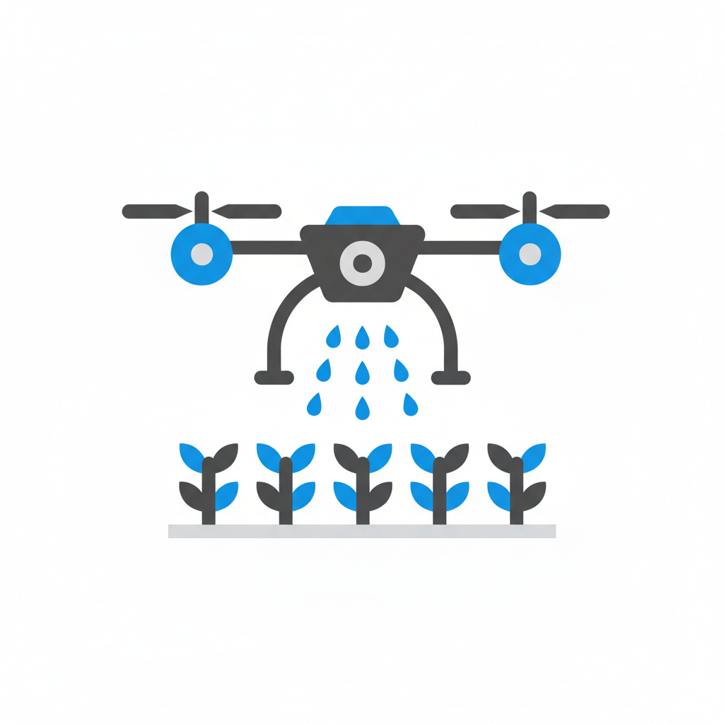 Drone spraying water or pesticide on rows of plants in a farm field.