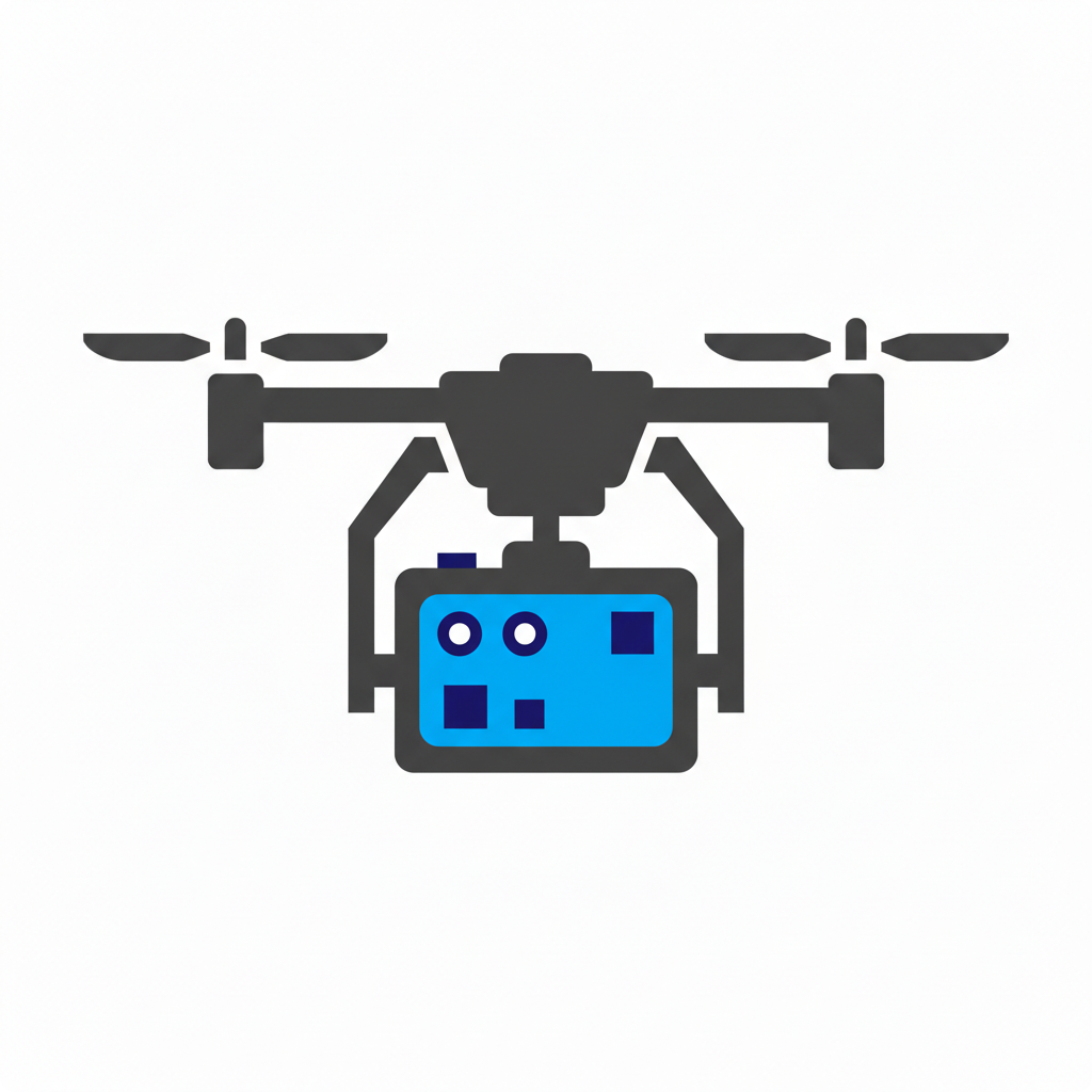 Icon of a quadcopter drone carrying a blue payload or camera equipment.