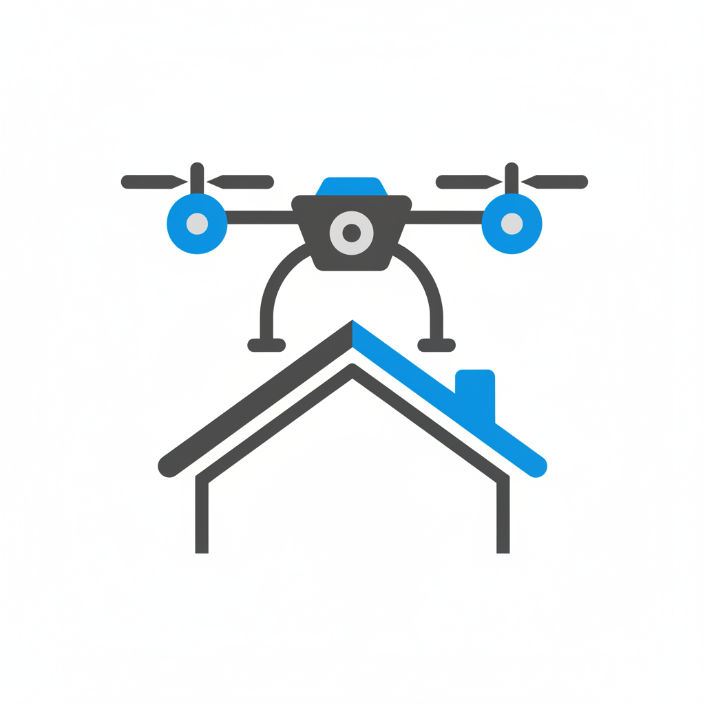 Icon of a drone flying over a house with a blue and gray roof.