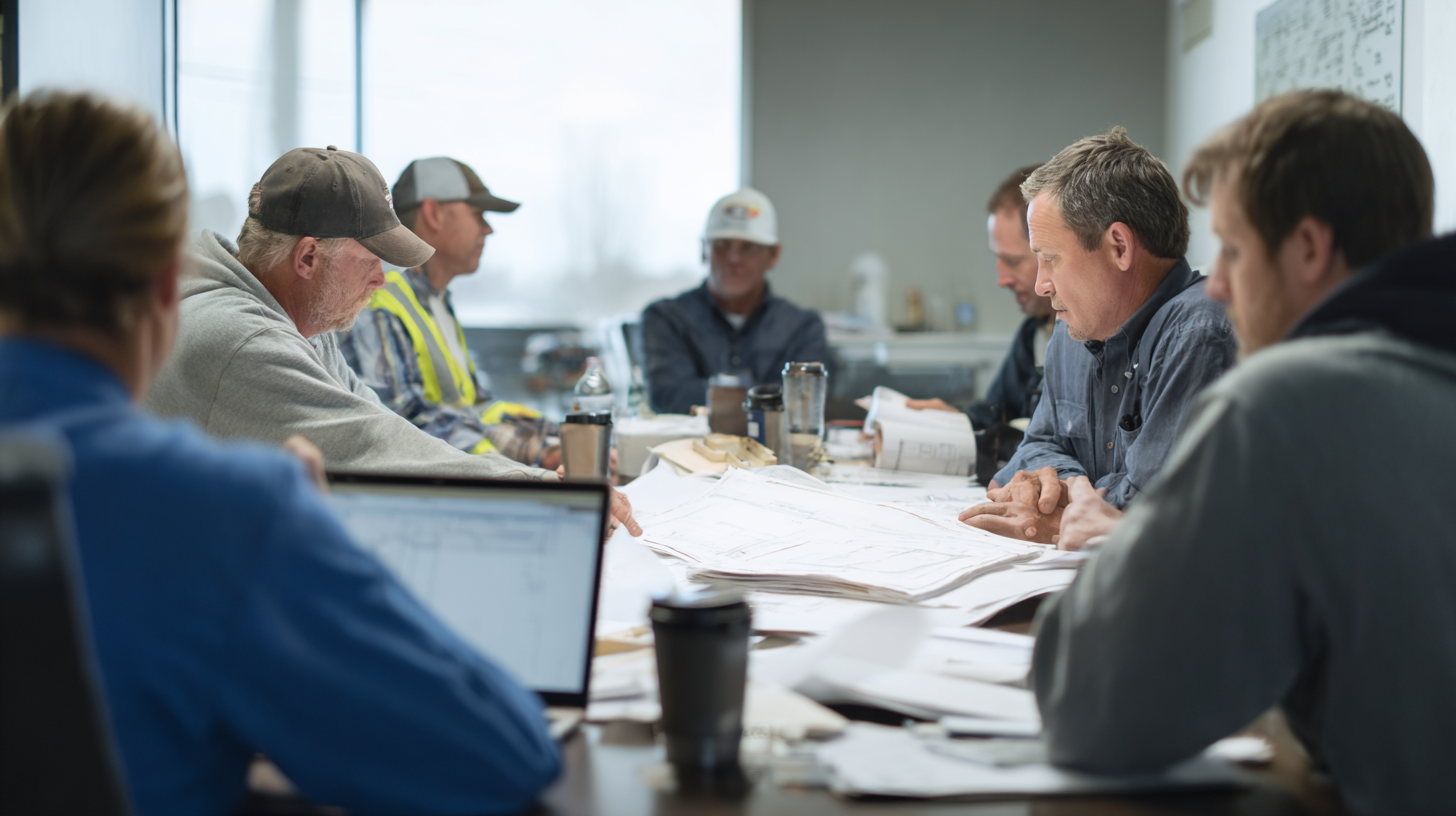 Group of construction workers and professionals sitting around a table reviewing blueprints and documents in a meeting room.