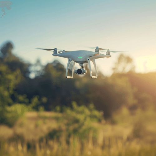 White quadcopter drone flying outdoors with blurred trees and sunlight in the background.