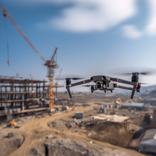 A drone flying over an active construction site with cranes and building framework under a partly cloudy sky.