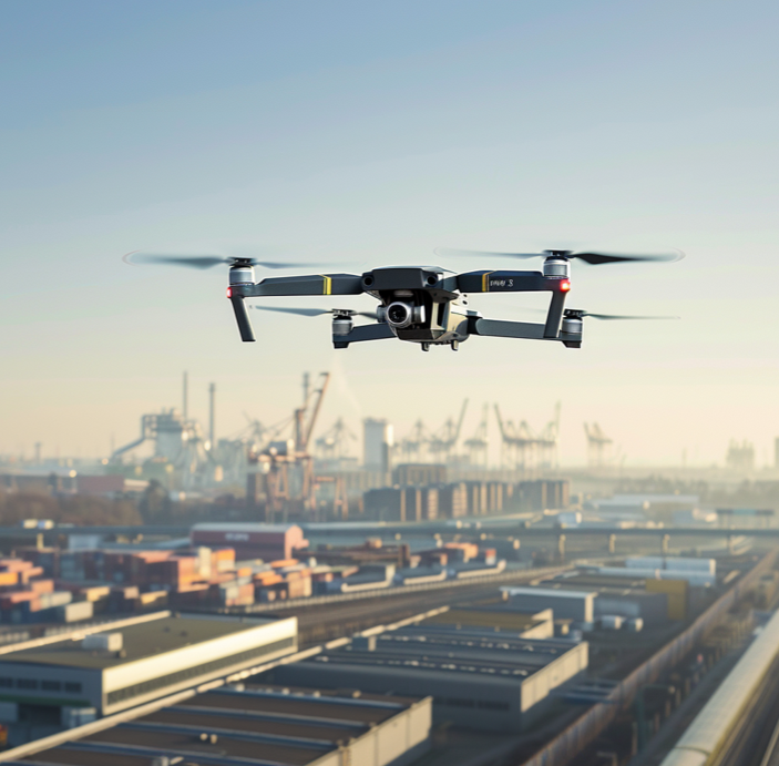 White quadcopter drone flying outdoors with blurred trees and sunlight in the background.