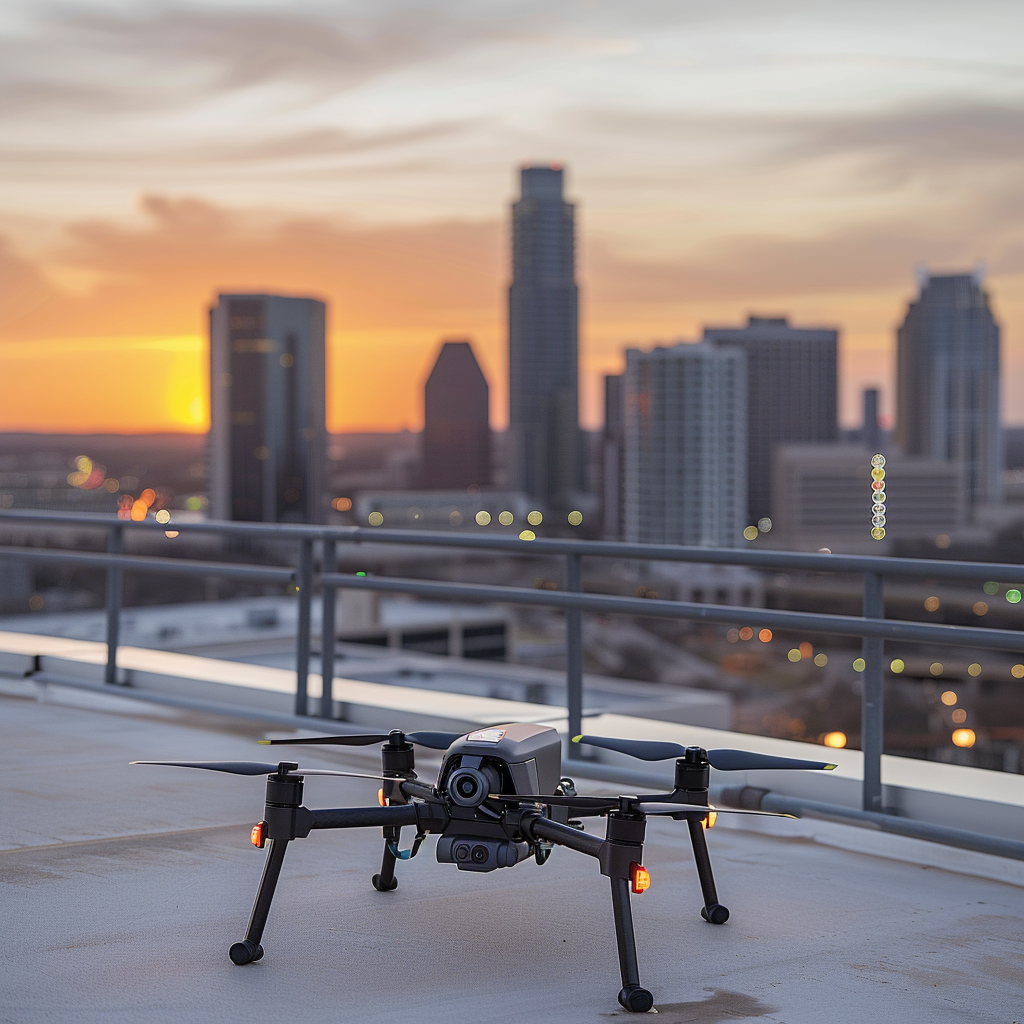Black quadcopter drone with camera resting on rooftop at sunset with city skyline in background.