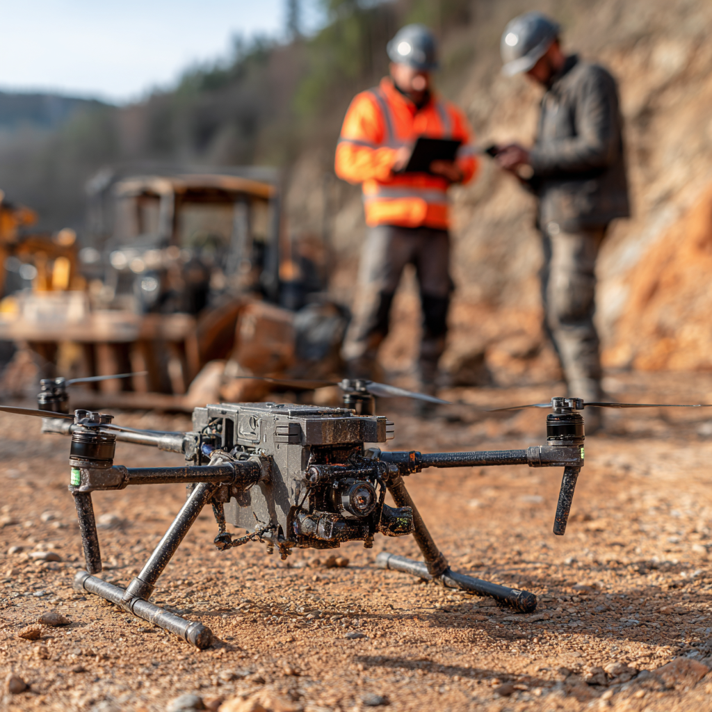 Close-up of a drone on rocky ground with two workers in helmets and safety gear blurred in the background.
