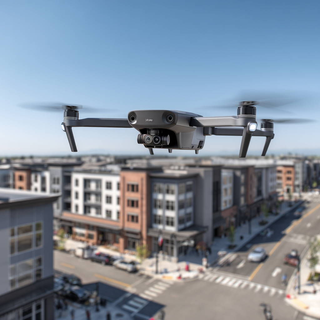 A black quadcopter drone flying above a city intersection with multi-story buildings under a clear blue sky.