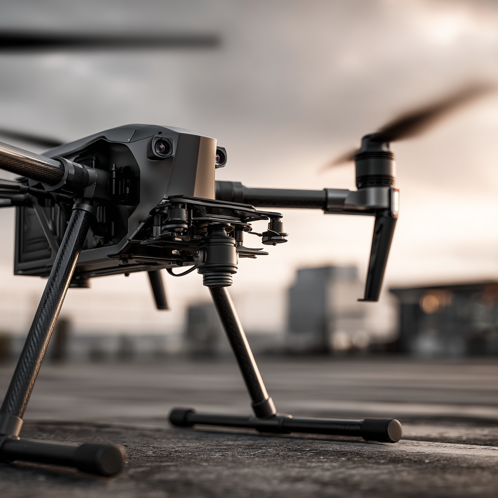 Close-up of a black quadcopter drone with spinning propellers on a rooftop with a city skyline at sunset.