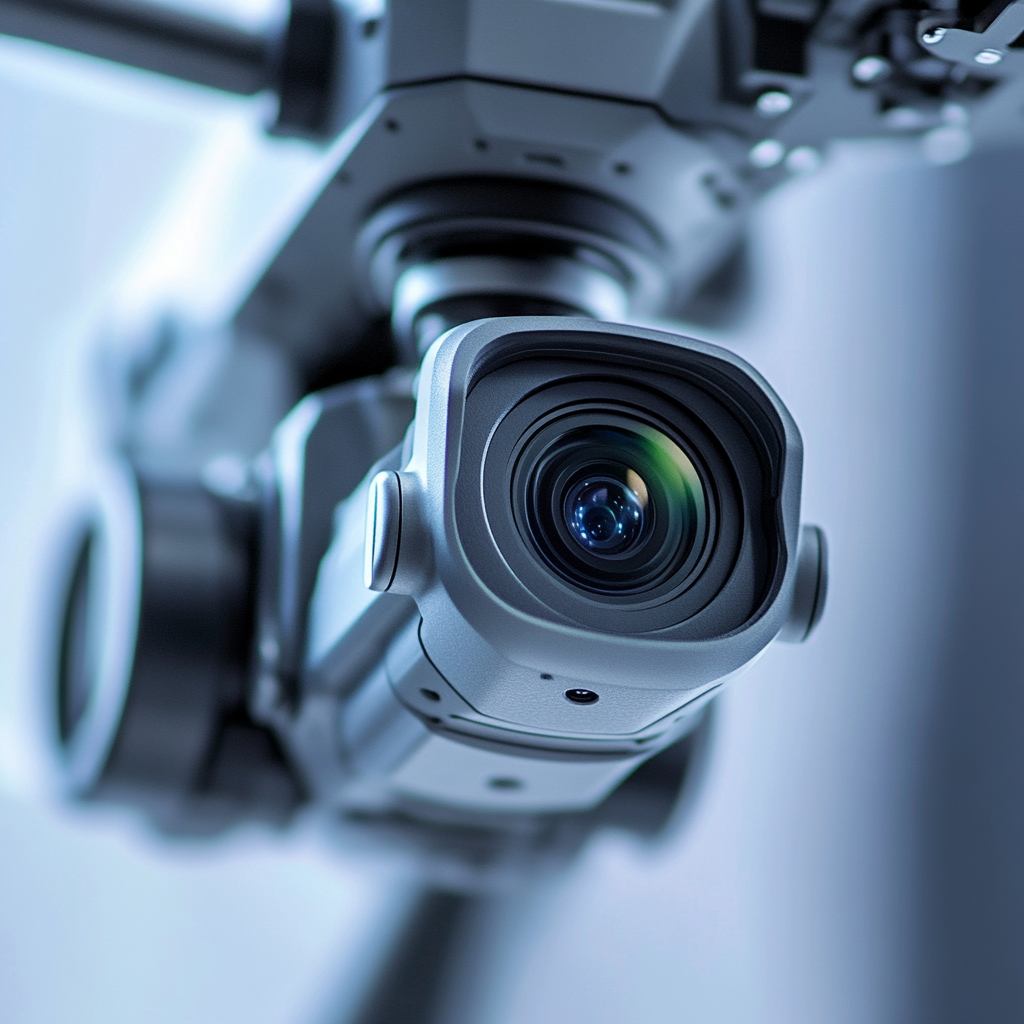Close-up of a camera lens on a drone against a blurred blue background.