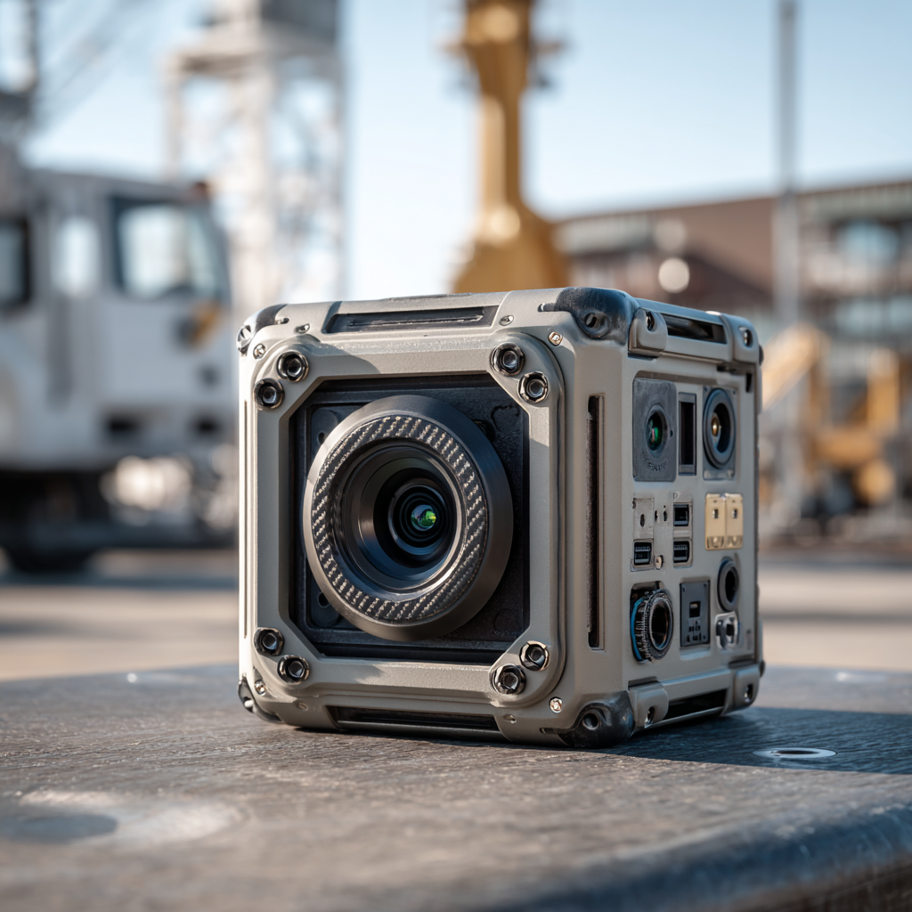 Compact rugged industrial camera with multiple ports and a large lens, placed on a surface outdoors near blurred industrial equipment.