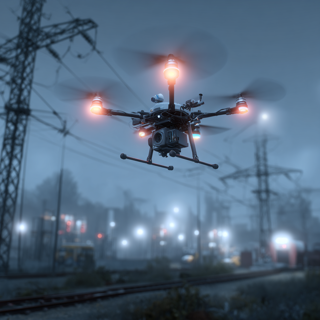 Drone with glowing orange lights flying near power lines in a foggy, industrial area at dusk.