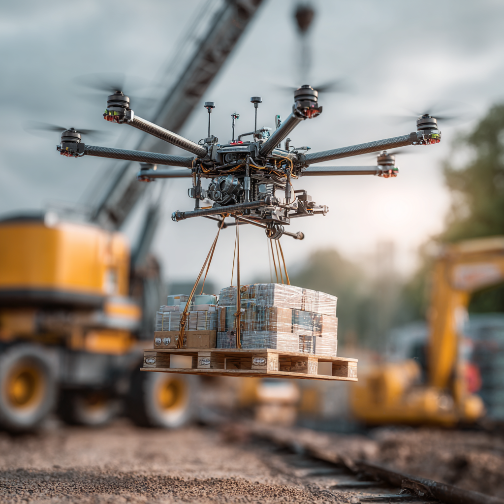 Heavy-duty drone carrying a pallet loaded with wrapped packages at a construction site with equipment in the background.