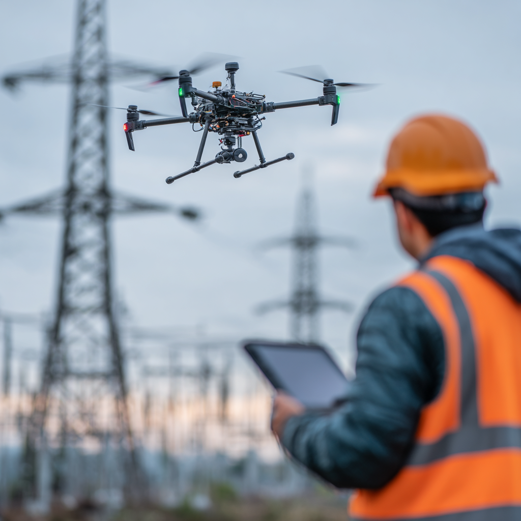 Drone flying near power lines while a worker in an orange safety vest and helmet controls it using a tablet.