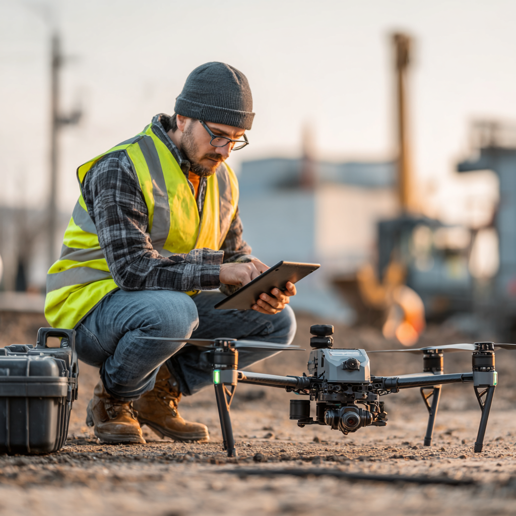 Man wearing a yellow safety vest and beanie crouches outdoors, operating a drone with a tablet on a construction site.
