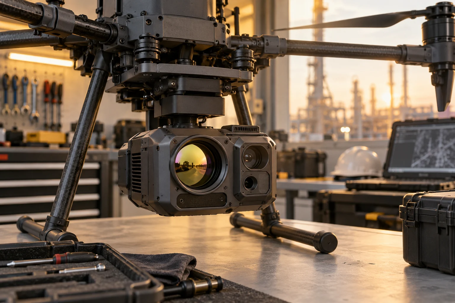 Specialist inspection sensor mounted on a grounded industrial drone.