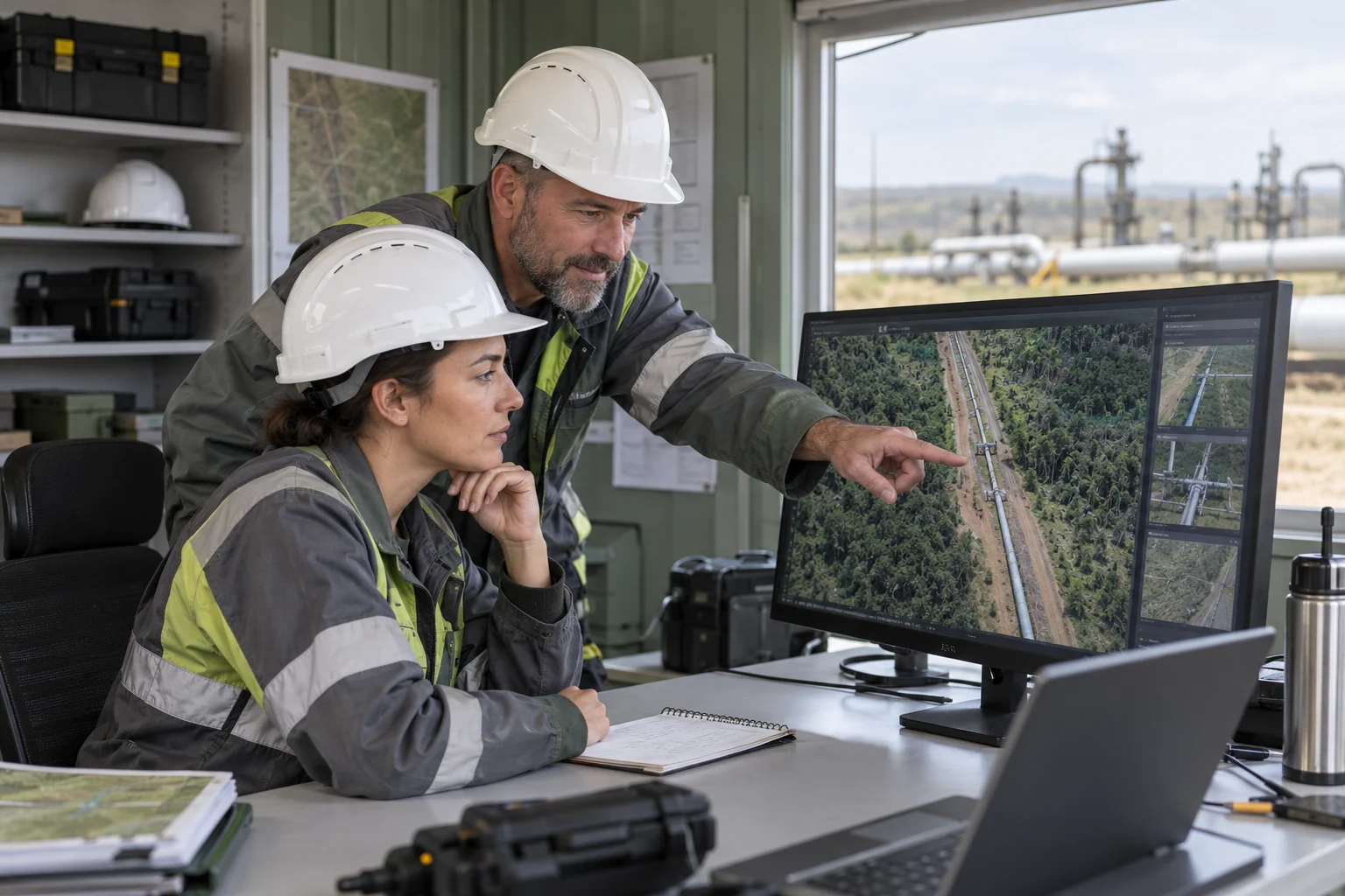 Oil and gas inspection professionals reviewing pipeline survey imagery.