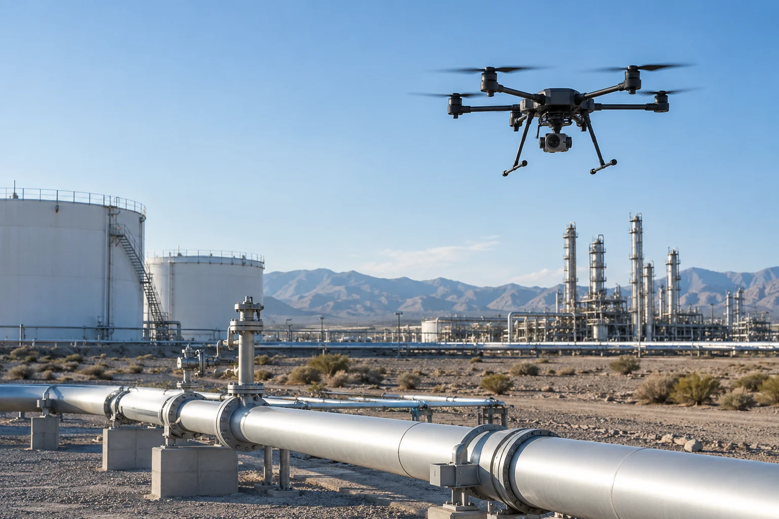Industrial inspection drone operating near an oil and gas pipeline facility.