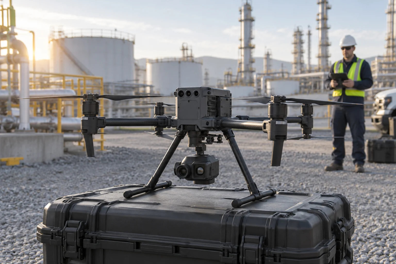 Industrial inspection drone and specialist sensor prepared at an energy facility.