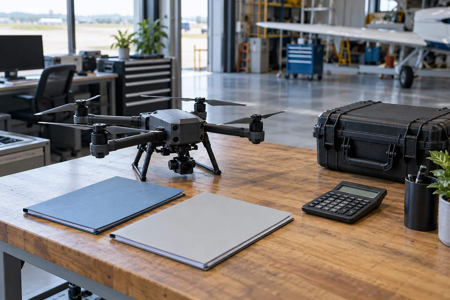 Commercial inspection drone beside two proposal folders and a calculator in an operations workshop.