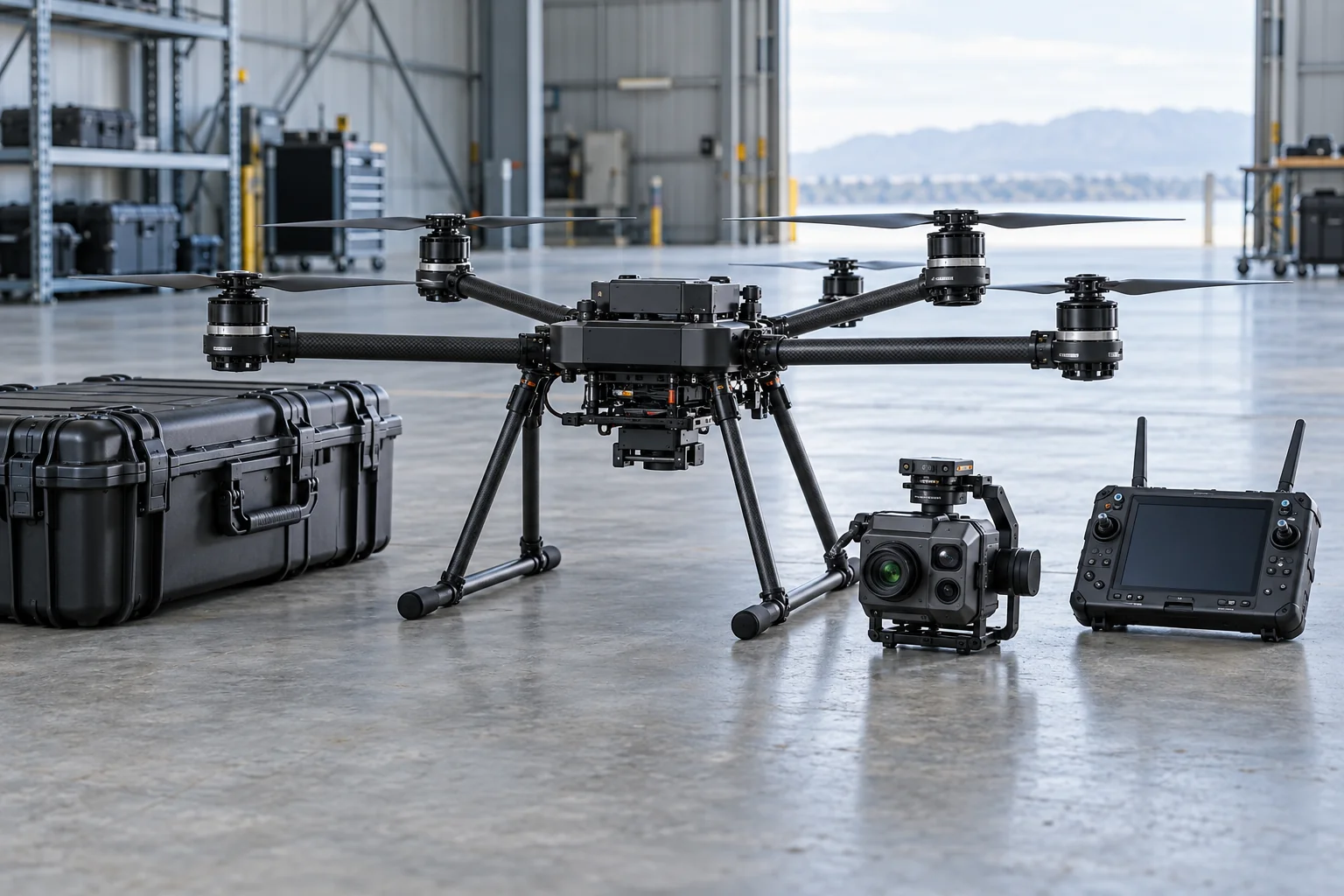 Commercial drone, detached camera payload, ground controller and protective equipment case in a hangar.